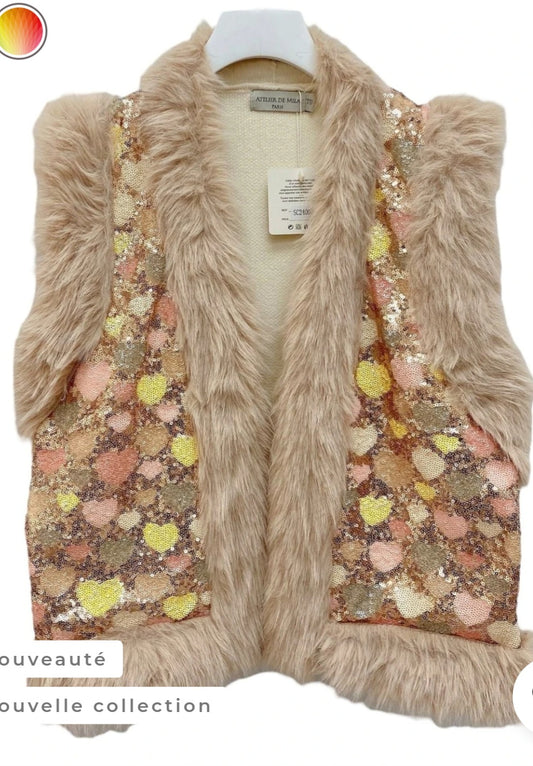 Gilet MILA sans manche fourrure avec des sequins Taille Unique